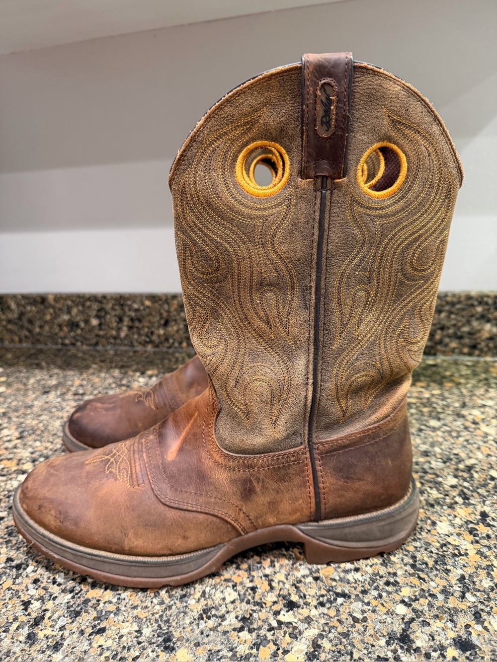 Durango Brown Leather Western Pull-On Boots with Yellow Eyelets Mens 10